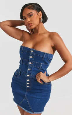 Shape Dark Blue Denim Button Front Bandeau Dress