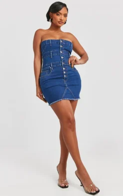 Shape Dark Blue Denim Button Front Bandeau Dress