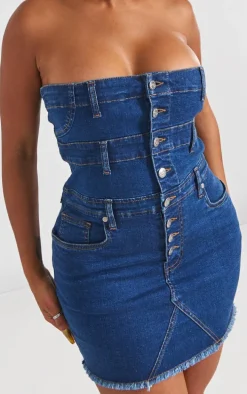 Shape Dark Blue Denim Button Front Bandeau Dress