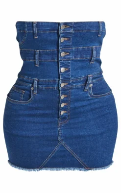 Shape Dark Blue Denim Button Front Bandeau Dress