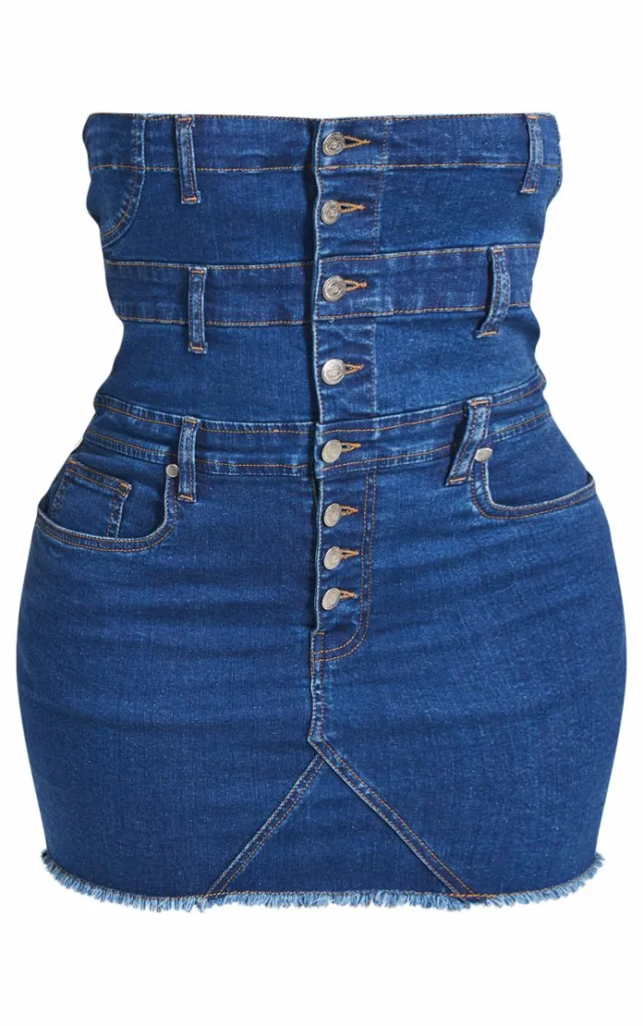 Shape Dark Blue Denim Button Front Bandeau Dress