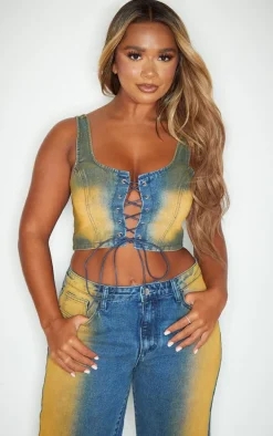 Shape Dark Blue Denim Washed Lace Up Crop Top