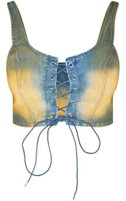 Shape Dark Blue Denim Washed Lace Up Crop Top