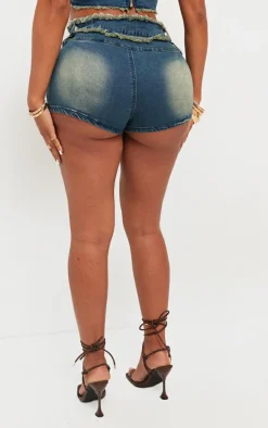 Shape Dark Blue Stretch Denim Fray Detail Hot Pants