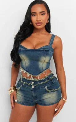 Shape Dark Blue Stretch Denim Fray Detail Hot Pants