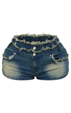 Shape Dark Blue Stretch Denim Fray Detail Hot Pants