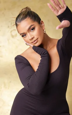 Shape Dark Brown Snatched Rib Square Neck Thumb Hole Jumpsuit