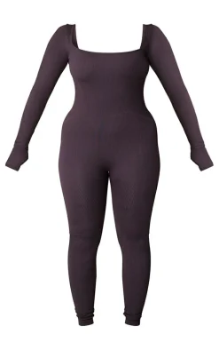 Shape Dark Brown Snatched Rib Square Neck Thumb Hole Jumpsuit