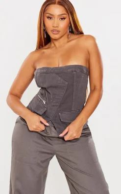 Shape Dark Grey Acid Wash Denim Zip Detail Bandeau Corset