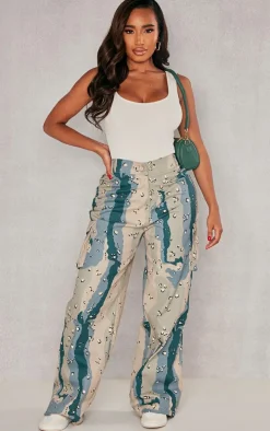 Shape Dark Grey Camo Print Pocket Detail Wide Leg Cargo Pants