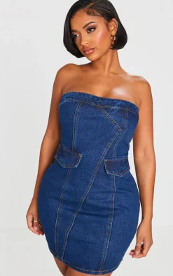 Shape Dark Indigo Denim Bandeau Cargo Bodycon Dress