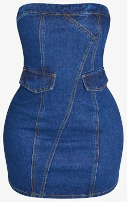Shape Dark Indigo Denim Bandeau Cargo Bodycon Dress