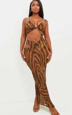 Shape Dark Khaki Abstract Zebra Chiffon Strappy Cut Out Maxi Dress