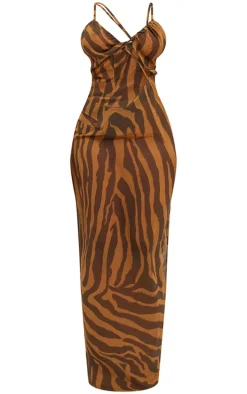 Shape Dark Khaki Abstract Zebra Chiffon Strappy Cut Out Maxi Dress