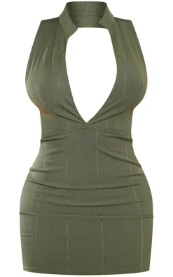 Shape Dark Olive Bandage Backless Plunge Bodycon Dress