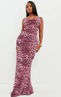Shape Dark Pink Leopard Print Strappy Cowl Neck Maxi Dress