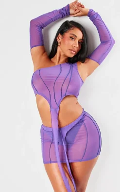 Shape Dark Purple Mesh Seam Detail One Shoulder Crop Top