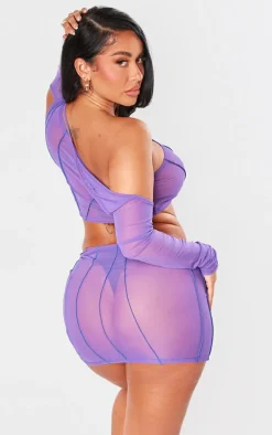 Shape Dark Purple Mesh Seam Detail One Shoulder Crop Top