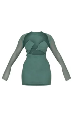 Shape Deep Green Mesh Lace Up Detail Overlay Bodycon Dress
