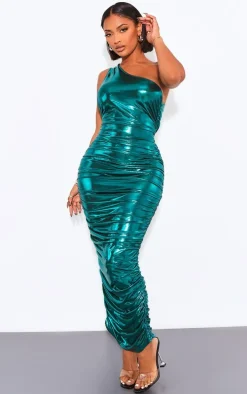 Shape Emerald Green Metallic Ruched One Shoulder Maxi Dress