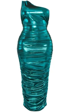 Shape Emerald Green Metallic Ruched One Shoulder Maxi Dress