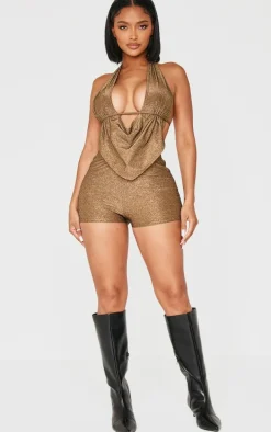 Shape Gold Glitter Lurex Halter Neck Cowl Neck Top