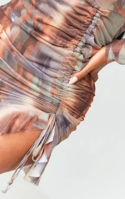 Shape Green Abstract Mesh Long Sleeve Ruched Side Frill Hem Bodycon Dress