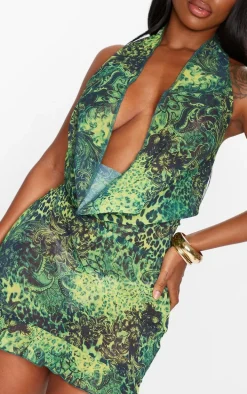 Shape Green Animal Printed Cowl Neck Frill Detail Bodycon Dress