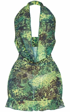 Shape Green Animal Printed Cowl Neck Frill Detail Bodycon Dress