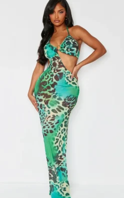 Shape Green Animal Printed Chiffon Ring Detail Maxi Dress