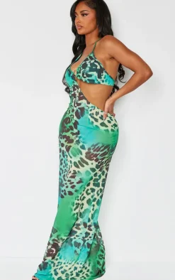 Shape Green Animal Printed Chiffon Ring Detail Maxi Dress