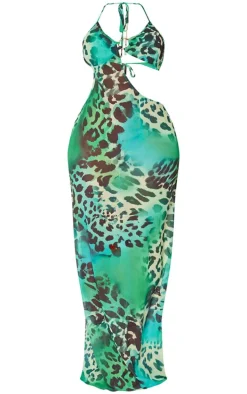 Shape Green Animal Printed Chiffon Ring Detail Maxi Dress
