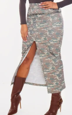 Shape Green Camo Button Detail Cargo Maxi Skirt