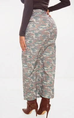 Shape Green Camo Button Detail Cargo Maxi Skirt