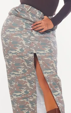 Shape Green Camo Button Detail Cargo Maxi Skirt