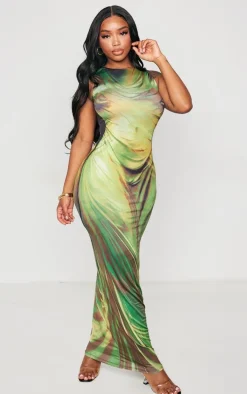 Shape Green Drape Statue Printed Racer Maxi Dress