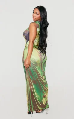 Shape Green Drape Statue Printed Racer Maxi Dress
