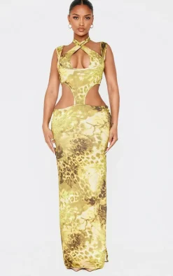 Shape Green Floral Animal Printed Slinky Cut Out Tie Detail Maxi Dress