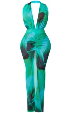 Shape Green Floral Printed Chiffon Drape Front Maxi Dress