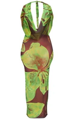 Shape Green Floral Printed Mesh Halterneck Cowl Maxi Dress