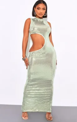 Shape Green Mirrored Sequin Cut Out Maxi Dress