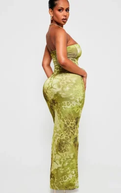 Shape Green Printed Bandeau Lace Up Maxi Dress