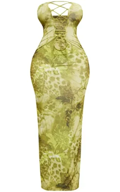 Shape Green Printed Bandeau Lace Up Maxi Dress
