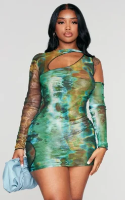 Shape Green Printed Mesh Asymmetric Multi Cut Out Long Sleeved Dress