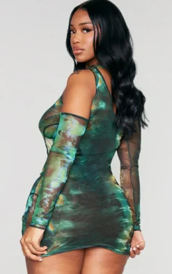 Shape Green Printed Mesh Asymmetric Multi Cut Out Long Sleeved Dress