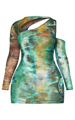 Shape Green Printed Mesh Asymmetric Multi Cut Out Long Sleeved Dress