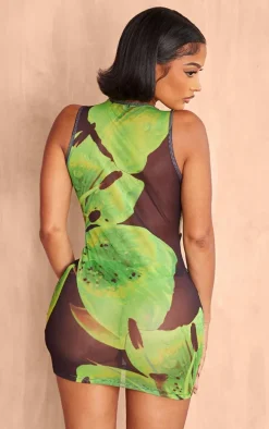 Shape Green Printed Mesh Sleeveless Cowl Neck Bodycon Dress