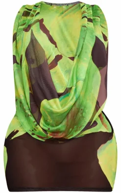 Shape Green Printed Mesh Sleeveless Cowl Neck Bodycon Dress