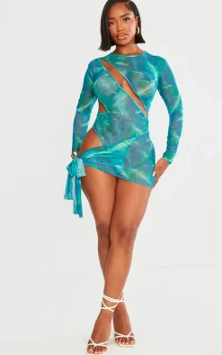 Shape Green Printed Mesh Cut Out Bodysuit Detail Bodycon Dress