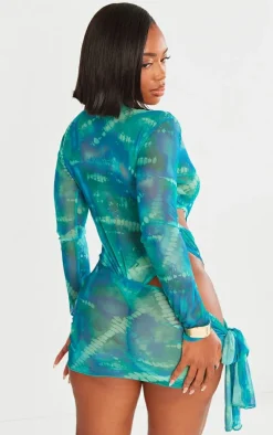 Shape Green Printed Mesh Cut Out Bodysuit Detail Bodycon Dress